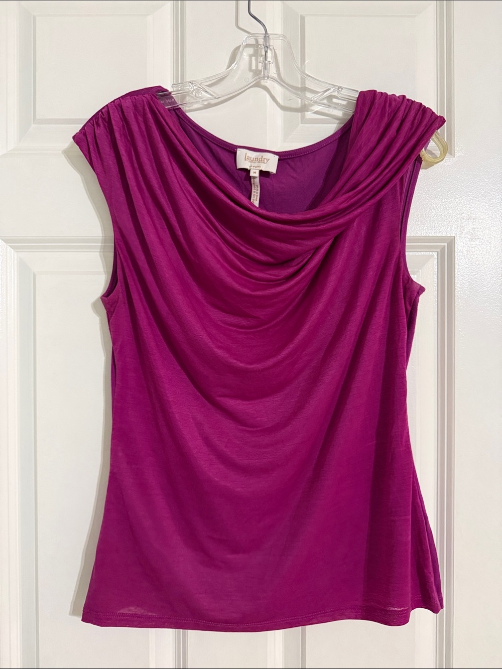 Laundry By Shelli Segal Fuchsia Draped Cowl Neck Sleeveless Mixed Media Top